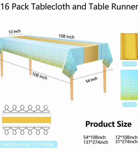 WDF 16Pack Blue Gold Plastic Tablecloths 54x108in & Runners 12x108in