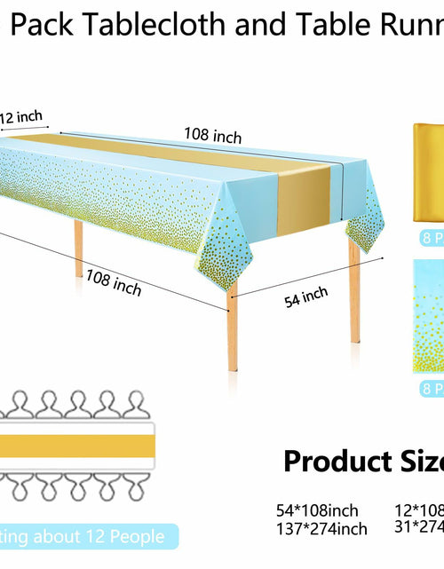 Load image into Gallery viewer, WDF 16Pack Blue Gold Plastic Tablecloths 54x108in &amp; Runners 12x108in
