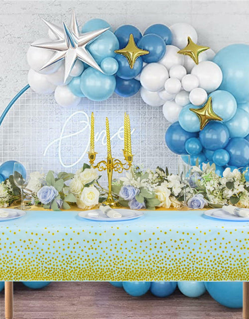 Load image into Gallery viewer, WDF 16Pack Blue Gold Plastic Tablecloths 54x108in &amp; Runners 12x108in
