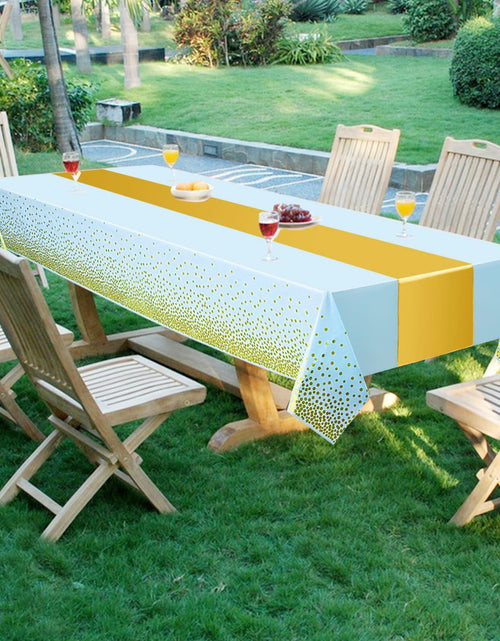 Load image into Gallery viewer, WDF 16Pack Blue Gold Plastic Tablecloths 54x108in &amp; Runners 12x108in
