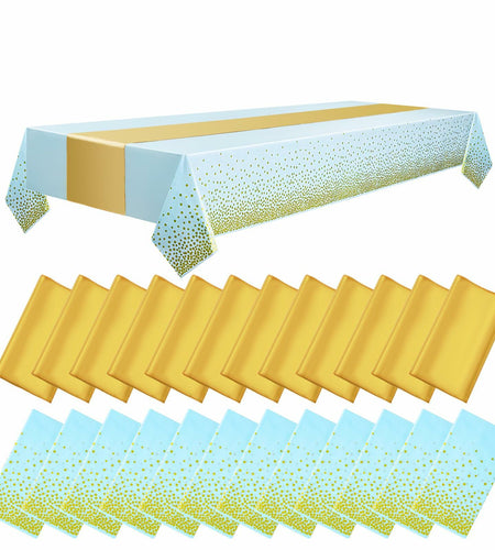 WDF 16Pack Blue Gold Plastic Tablecloths 54x108in & Runners 12x108in