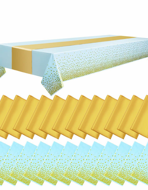 Load image into Gallery viewer, WDF 16Pack Blue Gold Plastic Tablecloths 54x108in &amp; Runners 12x108in
