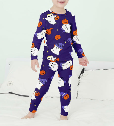 Kids Halloween Thermal Underwear Long Johns Base Layer Purple Ghost Size 2XL