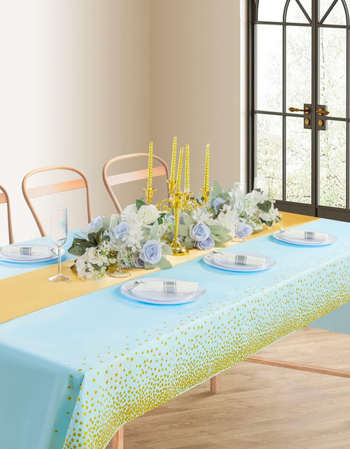Load image into Gallery viewer, WDF 16Pack Blue Gold Plastic Tablecloths 54x108in &amp; Runners 12x108in
