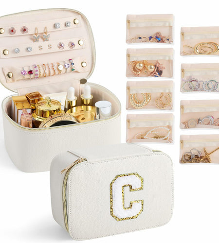 Parima Personalized Initial Makeup Bag Travel Jewelry Organizer Letter C White