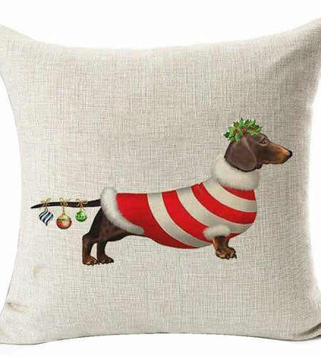 Bnitoam Christmas Dachshund Pillow Cover 18" Hot Dog Cotton Linen Decor