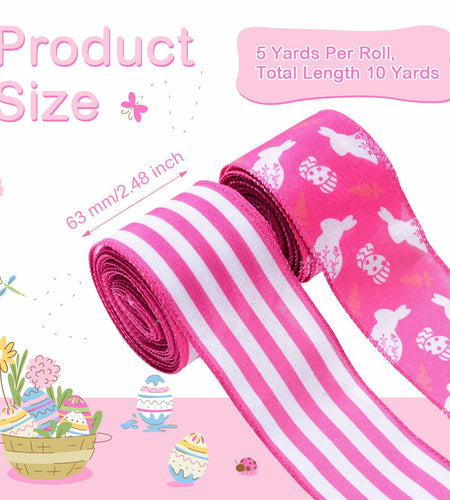 Pineraap Easter Wired Ribbon 2.5in x 10yd Pink Stripe 2 Rolls