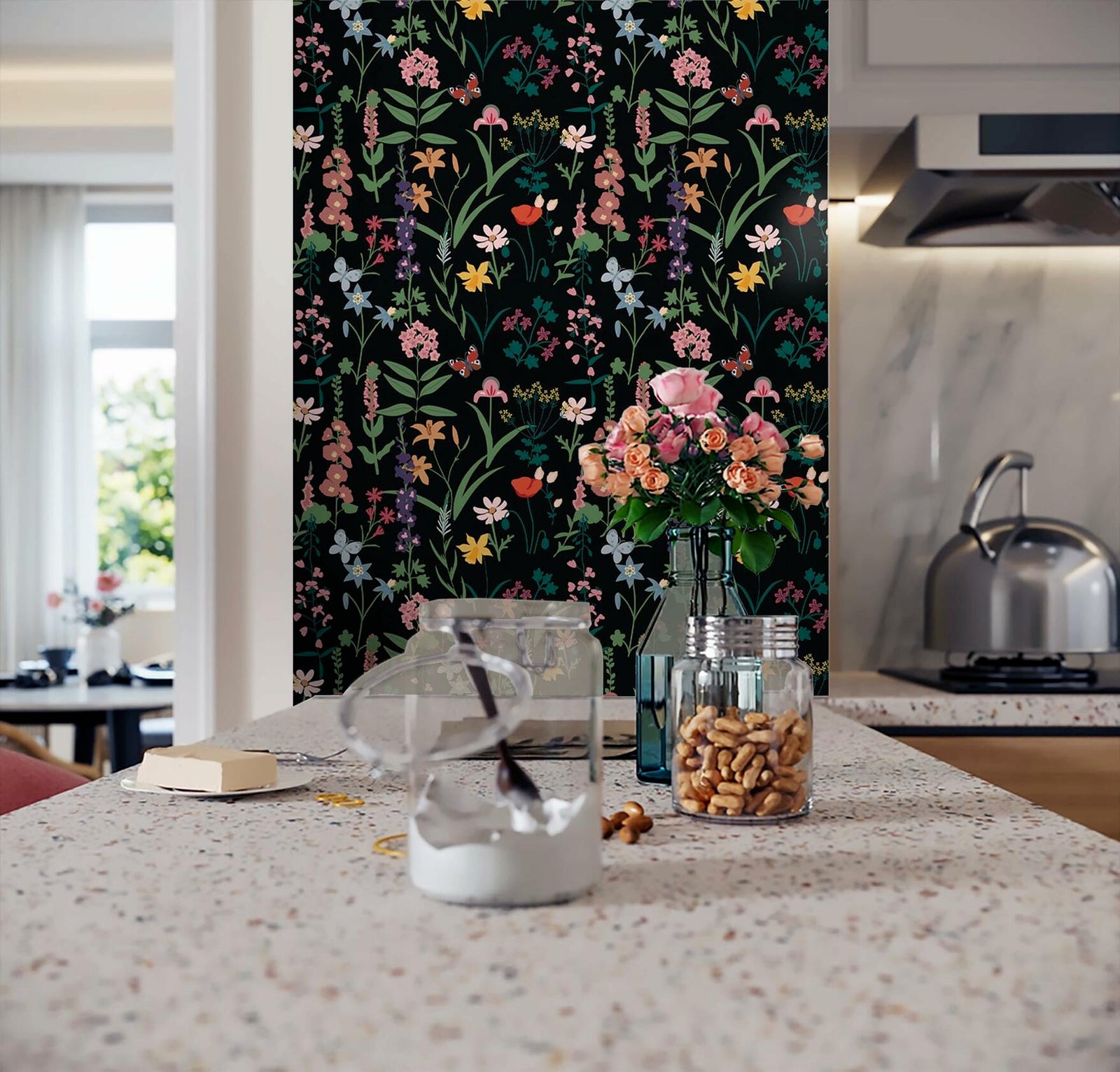Dimoon 236x16.1 Floral Peel and Stick Wallpaper Black Green Waterproof
