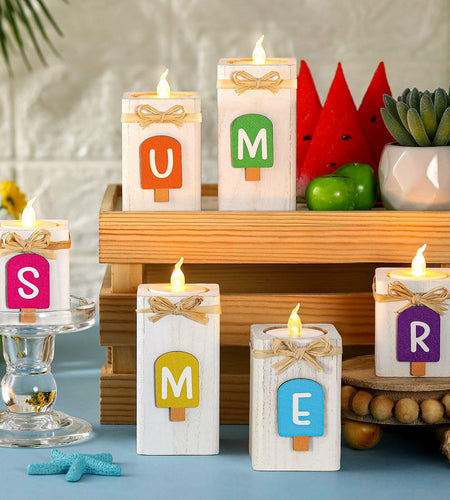 MiniInflat Summer Ice Cream Wooden Candlestick Set of 6 Colorful