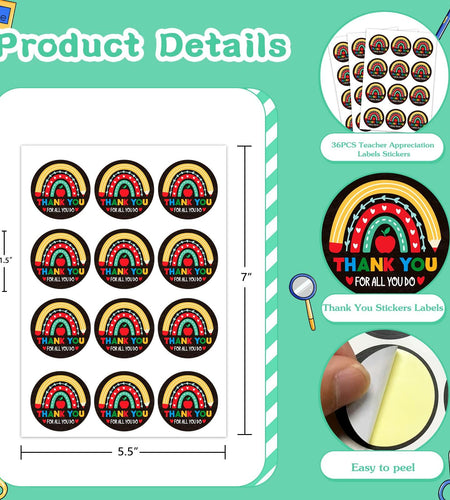 FLYAB Thank You Teacher Stickers 1.5" Apple Labels 36Pcs Gift Tags