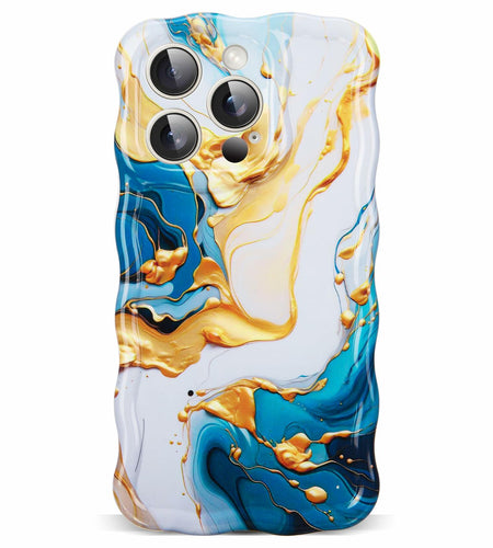 DORAFIN iPhone 15 Pro Case 6.1 Marble Glossy Shockproof TPU Blue/Gold