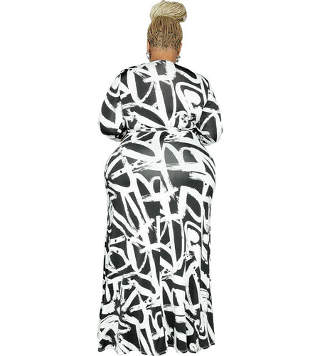 BFFBABY Sexy Wrap V Neck 3/4 Sleeve Chain Print Maxi Dress with Belt Size 5XL