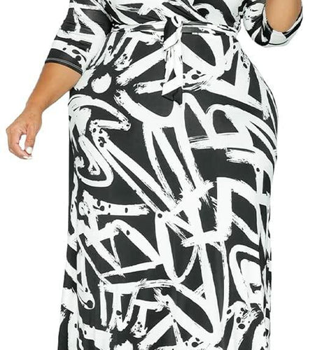BFFBABY Sexy Wrap V Neck 3/4 Sleeve Chain Print Maxi Dress with Belt Size 5XL