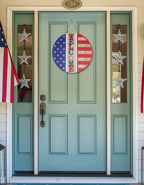 Load image into Gallery viewer, DECSPAS 12in Double Sided Welcome Door Sign Patriotic Wreath Red White Blue
