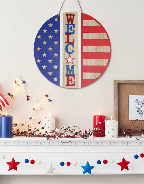 Load image into Gallery viewer, DECSPAS 12in Double Sided Welcome Door Sign Patriotic Wreath Red White Blue
