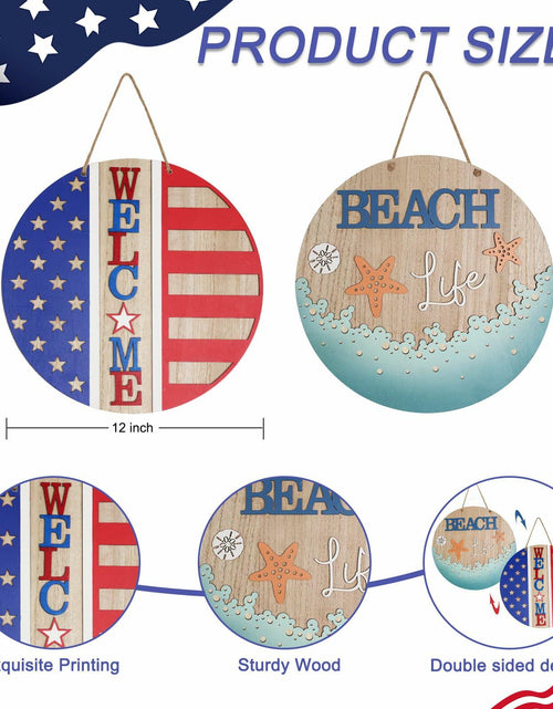 Load image into Gallery viewer, DECSPAS 12in Double Sided Welcome Door Sign Patriotic Wreath Red White Blue

