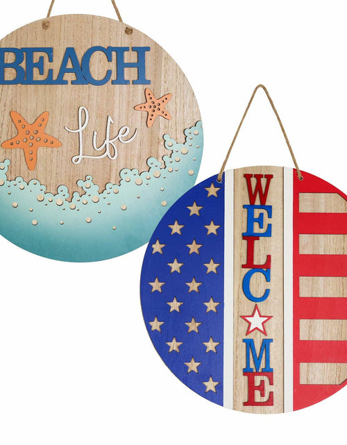 Load image into Gallery viewer, DECSPAS 12in Double Sided Welcome Door Sign Patriotic Wreath Red White Blue
