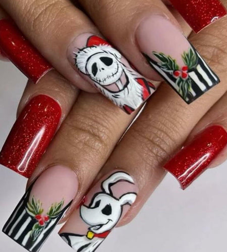 24Pcs Christmas Press On Nails Medium Square Acrylic False Nails Xmas Design