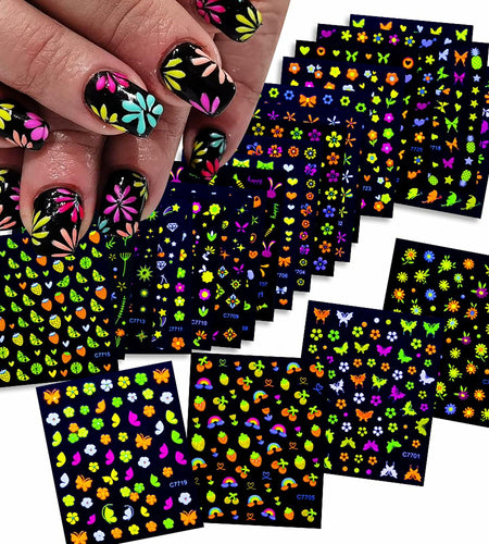 Fluorescent Nail Art Stickers 24 Sheets 3D Butterflies Stars Flowers DIY