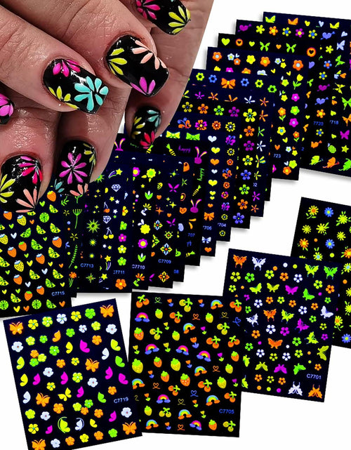 Load image into Gallery viewer, Fluorescent Nail Art Stickers 24 Sheets 3D Butterflies Stars Flowers DIY
