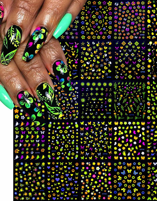 Load image into Gallery viewer, Fluorescent Nail Art Stickers 24 Sheets 3D Butterflies Stars Flowers DIY

