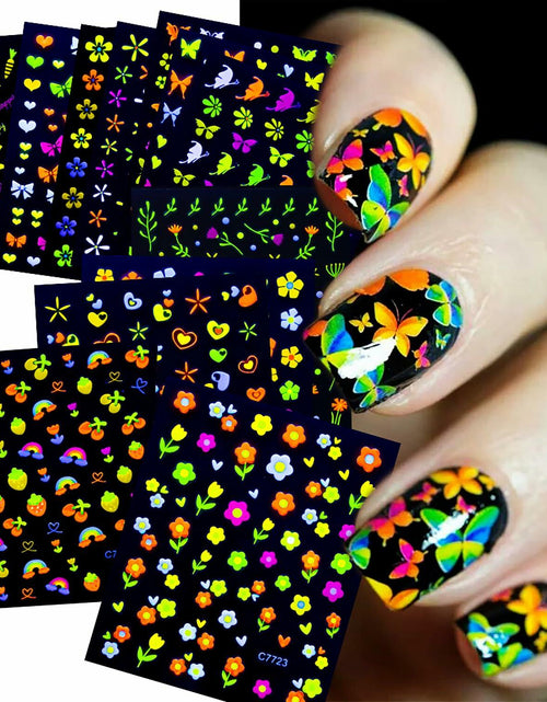 Load image into Gallery viewer, Fluorescent Nail Art Stickers 24 Sheets 3D Butterflies Stars Flowers DIY
