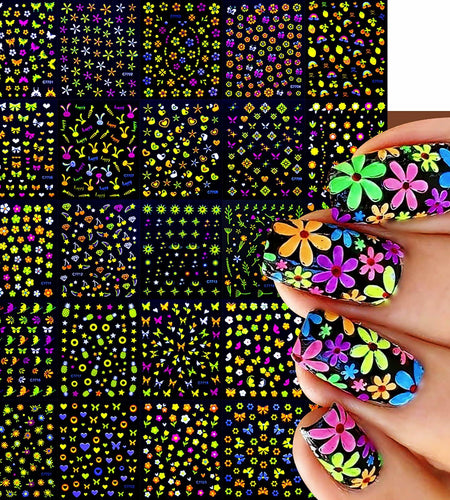 Fluorescent Nail Art Stickers 24 Sheets 3D Butterflies Stars Flowers DIY
