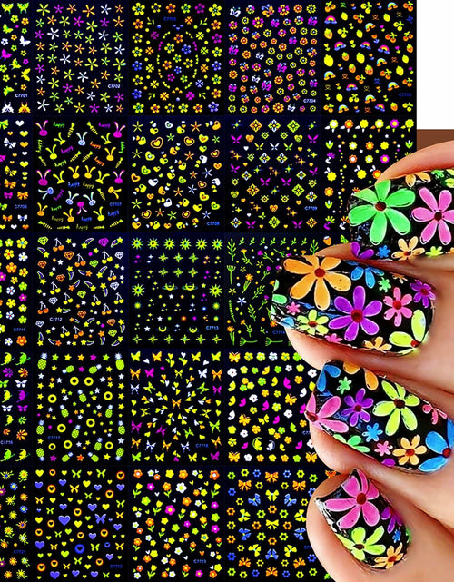 Load image into Gallery viewer, Fluorescent Nail Art Stickers 24 Sheets 3D Butterflies Stars Flowers DIY

