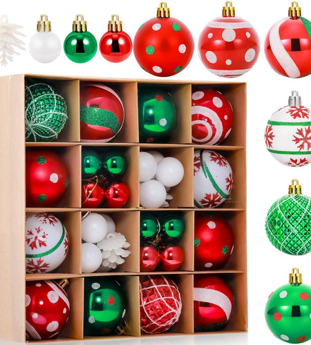 42 Pc Christmas Tree Balls Ornaments Glitter 2.36" & 1.18" Red Green White