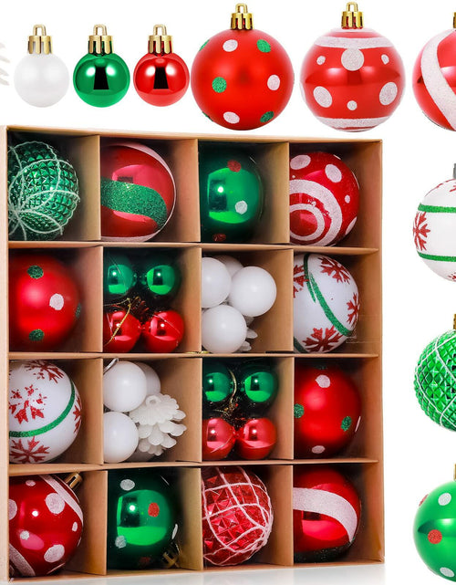Load image into Gallery viewer, 42 Pc Christmas Tree Balls Ornaments Glitter 2.36" &amp; 1.18" Red Green White
