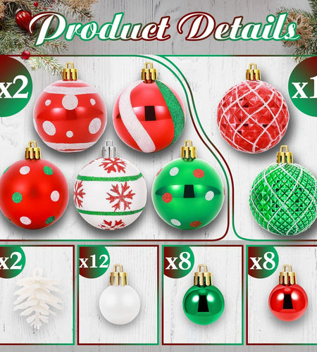 42 Pc Christmas Tree Balls Ornaments Glitter 2.36" & 1.18" Red Green White