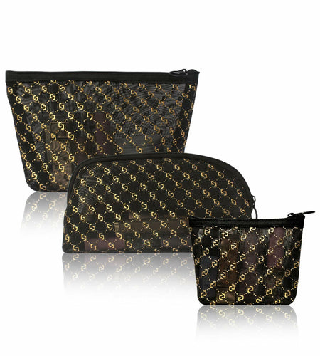 TRAKWAN 3-Piece Hot Stamping Mesh Makeup Bag Set Black