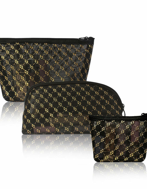 Load image into Gallery viewer, TRAKWAN 3-Piece Hot Stamping Mesh Makeup Bag Set Black
