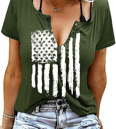 Womens Patriotic V Neck T Shirt American Flag Graphic Green1 Size Medium