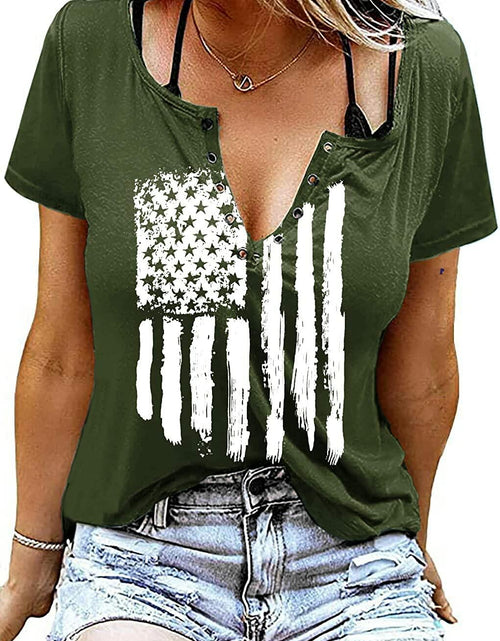 Load image into Gallery viewer, Womens Patriotic V Neck T Shirt American Flag Graphic Green1 Size Medium
