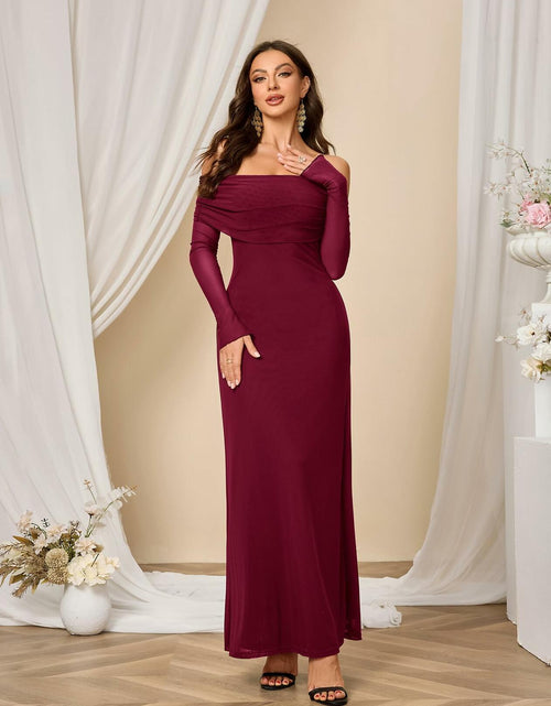Load image into Gallery viewer, Colysmo Women Long Sleeve Mesh Off Shoulder Bodycon Maxi Dress Burgundy Size L
