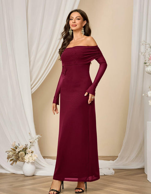 Load image into Gallery viewer, Colysmo Women Long Sleeve Mesh Off Shoulder Bodycon Maxi Dress Burgundy Size L
