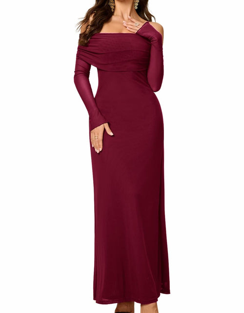 Load image into Gallery viewer, Colysmo Women Long Sleeve Mesh Off Shoulder Bodycon Maxi Dress Burgundy Size L

