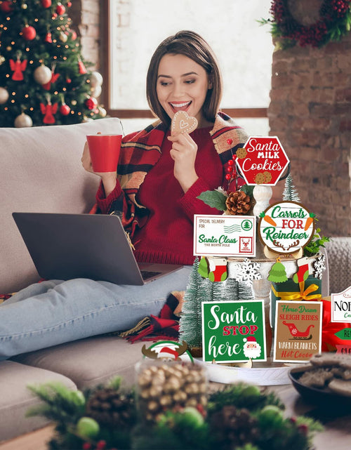 Load image into Gallery viewer, 13 Pc Winter Tiered Tray Decor Elk Sled Tree Snowflake Wood Blocks
