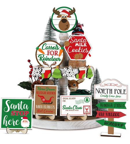 13 Pc Winter Tiered Tray Decor Elk Sled Tree Snowflake Wood Blocks