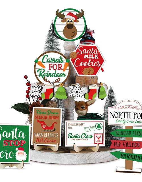 Load image into Gallery viewer, 13 Pc Winter Tiered Tray Decor Elk Sled Tree Snowflake Wood Blocks
