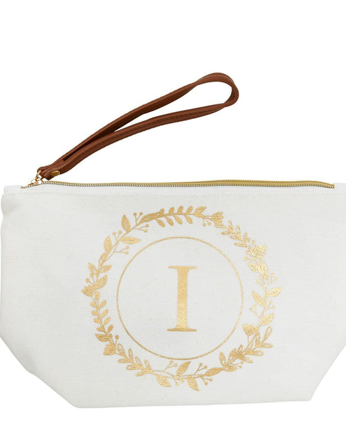 Load image into Gallery viewer, Glamlily Gold Initial I Personalized Makeup Bag White 10x3x6 In
