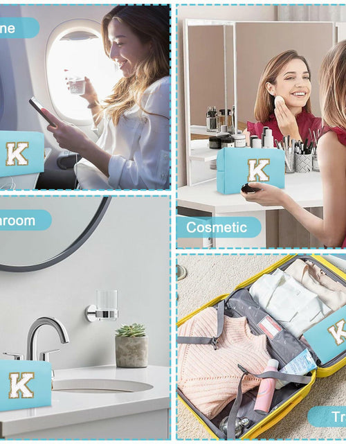 Load image into Gallery viewer, Personalized Chenille Letter K Makeup Bag Small Blue Waterproof PU Leather
