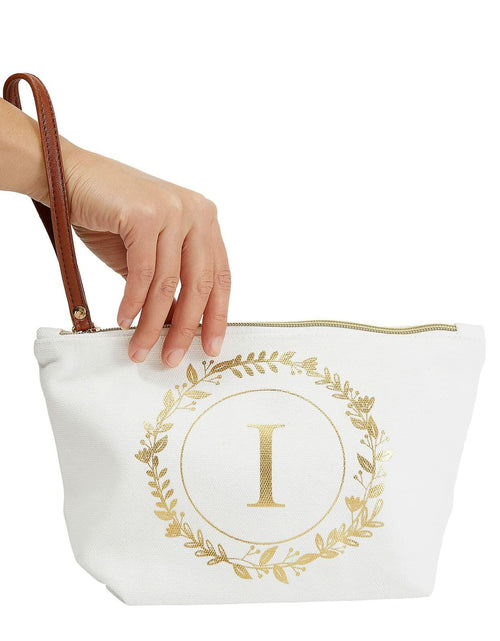 Load image into Gallery viewer, Glamlily Gold Initial I Personalized Makeup Bag White 10x3x6 In
