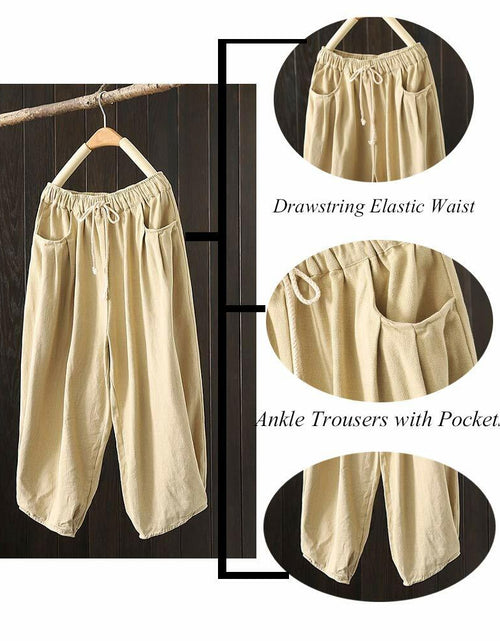 Load image into Gallery viewer, Minibee Womens Wide Leg Capri Pants Drawstring Waist Pockets Beige Size L
