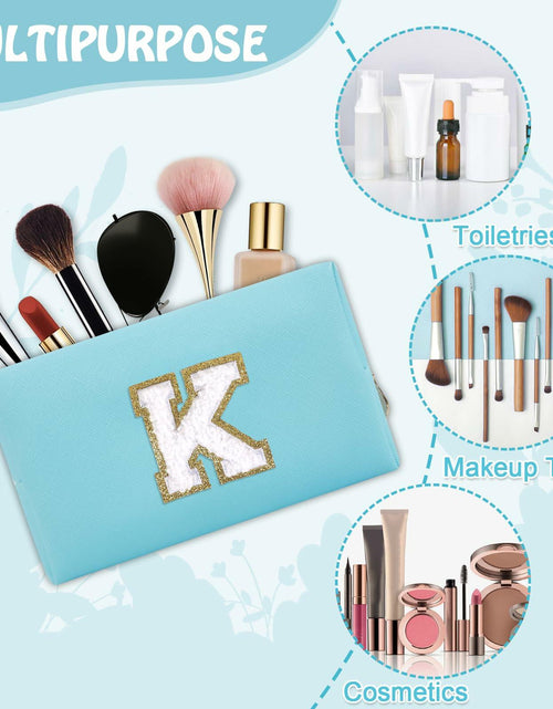 Load image into Gallery viewer, Personalized Chenille Letter K Makeup Bag Small Blue Waterproof PU Leather
