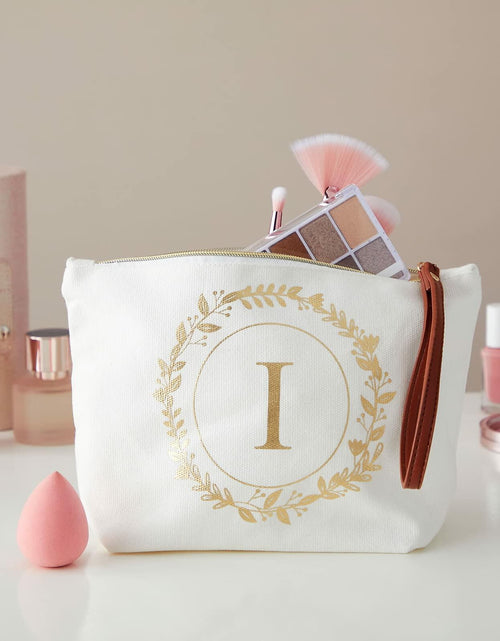 Load image into Gallery viewer, Glamlily Gold Initial I Personalized Makeup Bag White 10x3x6 In
