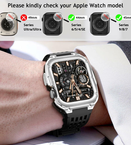 V-MORO Stainless Steel Band Case for Apple Watch Series 9 8 7 45mm Black Silver