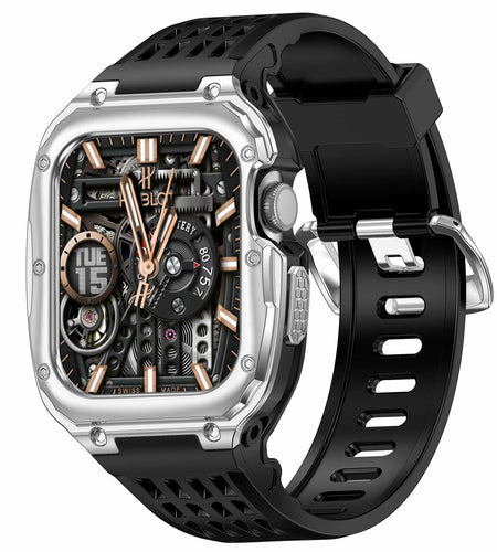 V-MORO Stainless Steel Band Case for Apple Watch Series 9 8 7 45mm Black Silver