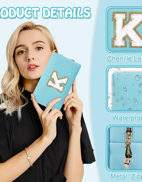 Load image into Gallery viewer, Personalized Chenille Letter K Makeup Bag Small Blue Waterproof PU Leather
